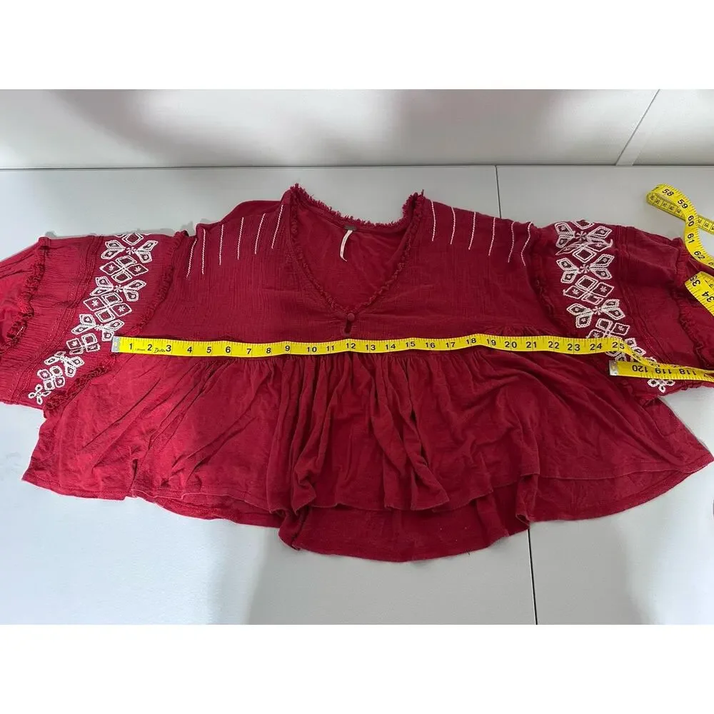 Free People Penny Love Top Cropped Red Embroidered Tassels Boho SZ M